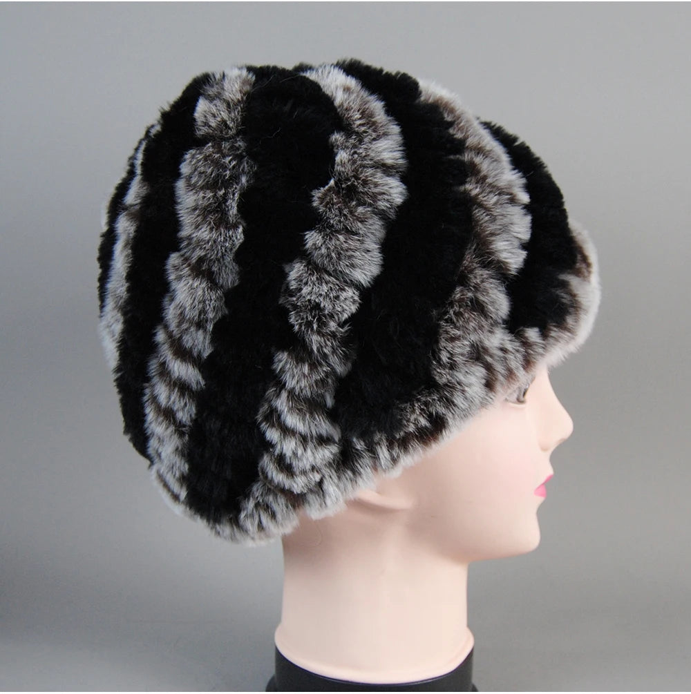 Real Rex Rabbit Winter Fur Hat For Women Russian Real Fur Knitted Cap