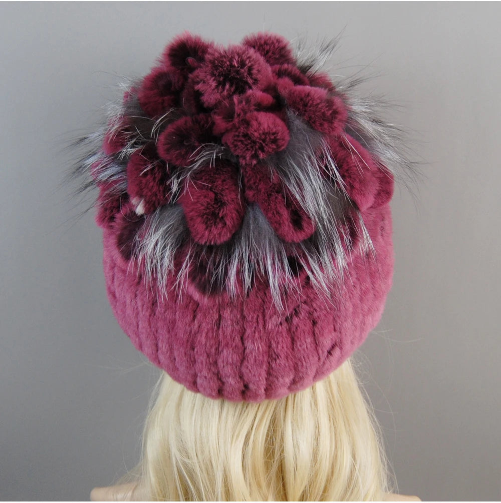Luxury Women Fur Hat For Winter Handmade Natural Rex Rabbit Fox .