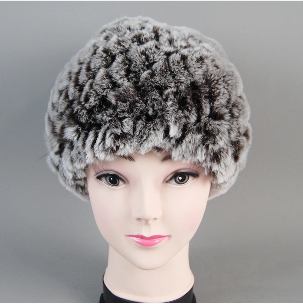 Real Rex Rabbit Winter Fur Hat For Women Russian Real Fur Knitted Cap