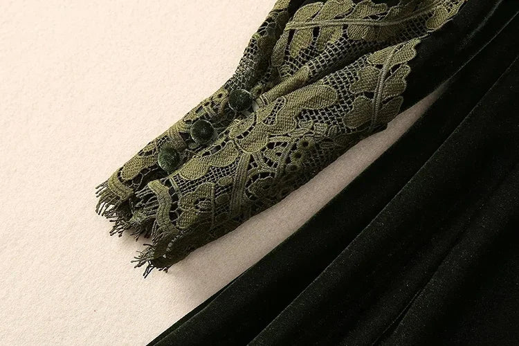 MARYYIMEI Fashion design Women's Dress Lace Splicing Long-Sleeved Beading Pretty Slim-Fit Hip Wrap Elegant Velvet Dresses