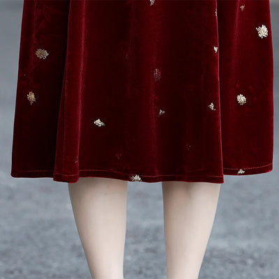 Embroidery Gold Velvet Cheongsam Long Dress Women