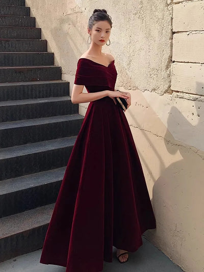 Chic Black Soft Velvet Evening Party Wedding Dresses for Women Off Shoulder Maxi Clothes