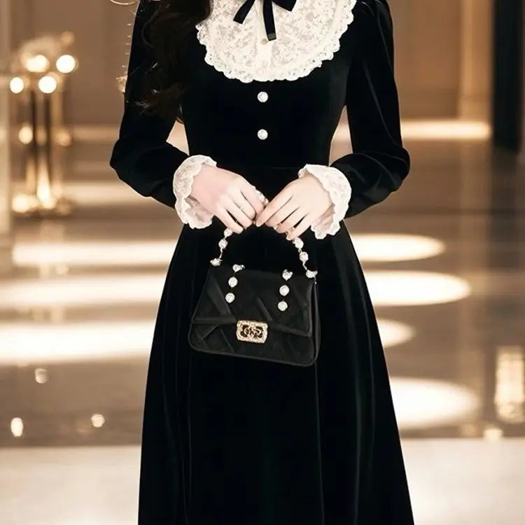 Velvet Dress Women Fashion Lace Patcwork Bow Puff Sleeve Midi Length