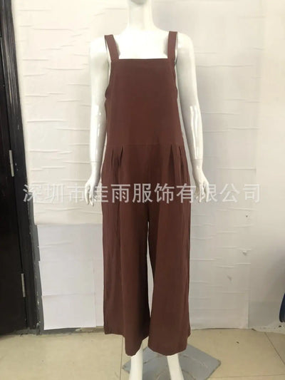 Women Cotton Linen Wide Leg Overalls Summer Fashion Off The Shoulder