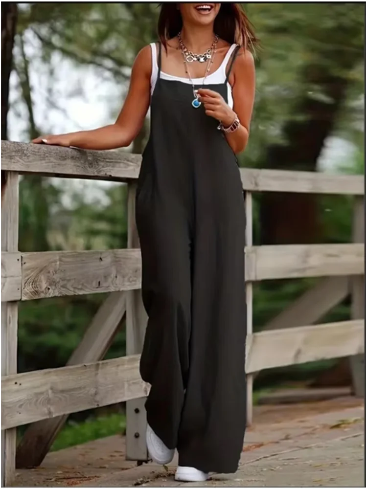 Sleeveless Jumpsuit with Suspender Loose Casual Pocket Monochromatic Summer