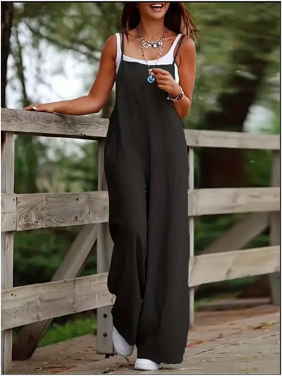 Sleeveless Jumpsuit with Suspender Loose Casual Pocket Monochromatic Summer