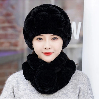 Winter Fur Hat Scarf Sets Natural Warm Real Rex Rabbit Fur