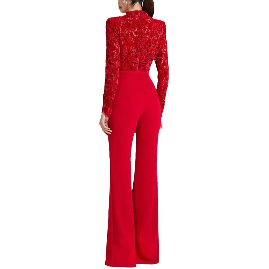 Long sleeved waistband jumpsuit flared pants| INS casual loose party jumpsuit