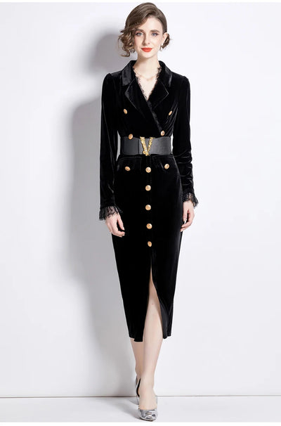 V-Neck Velvet Dress Women Long Sleeve Fashion Metre Buttons Split Sheath