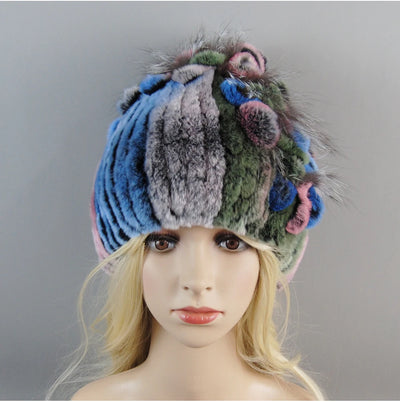 Luxury Women Fur Hat For Winter Handmade Natural Rex Rabbit Fox .