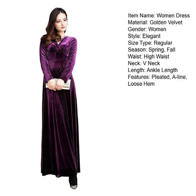 Long Sleeve V Neck Pleated Velvet Banquet Party Maxi Dress Party Wedding