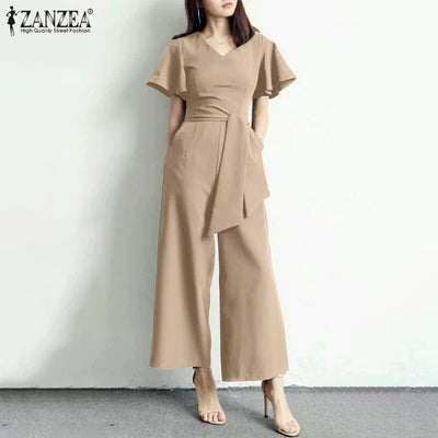 Wide Leg Jumpsuits Summer V Neck Short Sleeve Rompers Elegant