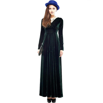 Long Sleeve V Neck Pleated Velvet Banquet Party Maxi Dress Party Wedding