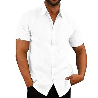 Cotton Linen Shirts for Men Casual Short Sleeved Shirts Blouses Solid Turn-Down Collar