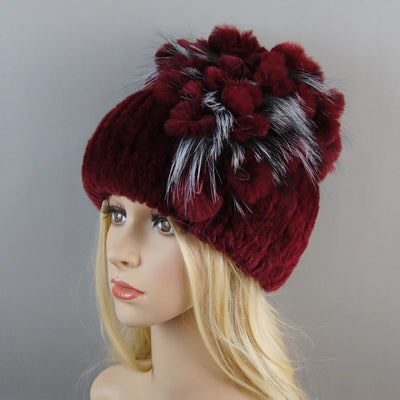 Luxury Women Fur Hat For Winter Handmade Natural Rex Rabbit Fox .