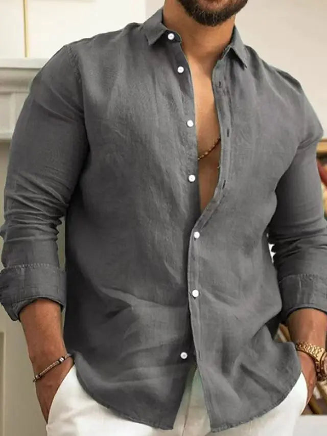 Solid Color Cotton Linen Plain Shirt Men Classic Button-up
