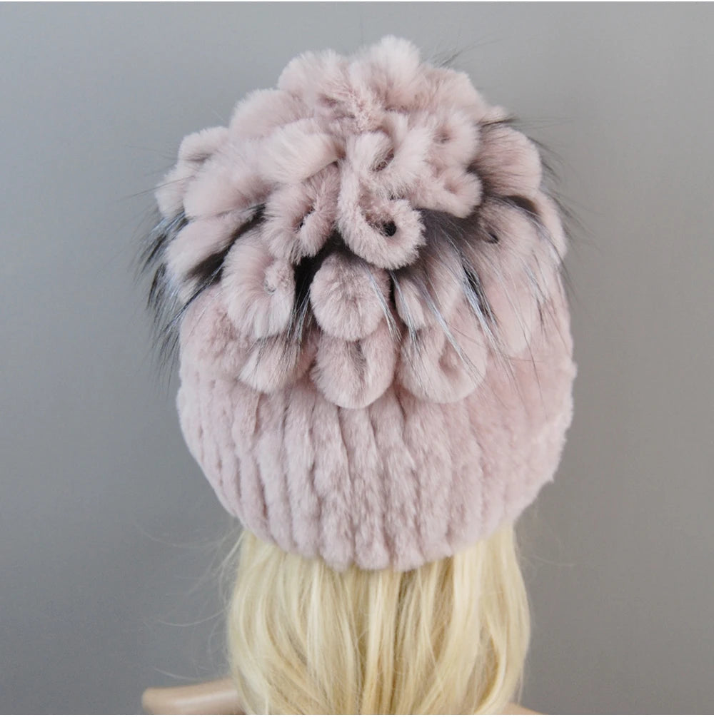 Luxury Women Fur Hat For Winter Handmade Natural Rex Rabbit Fox .