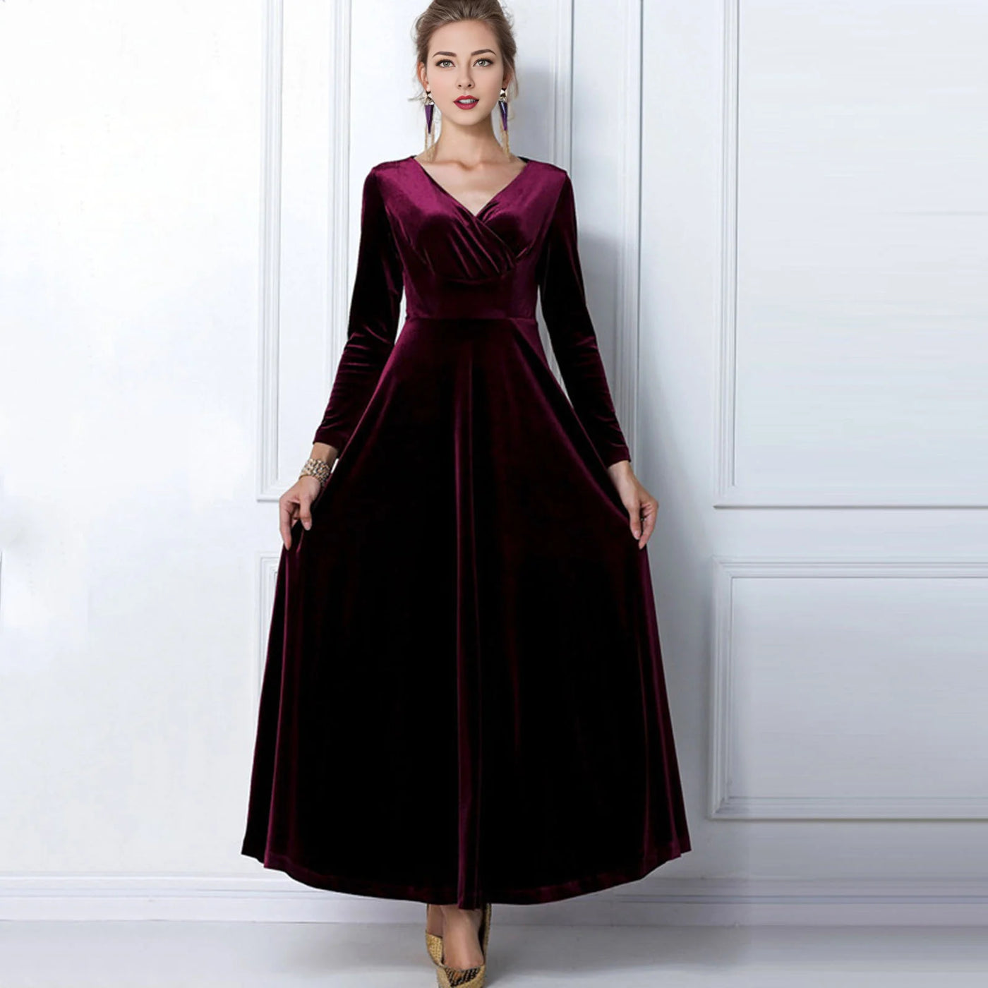 Long Sleeve V Neck Pleated Velvet Banquet Party Maxi Dress Party Wedding