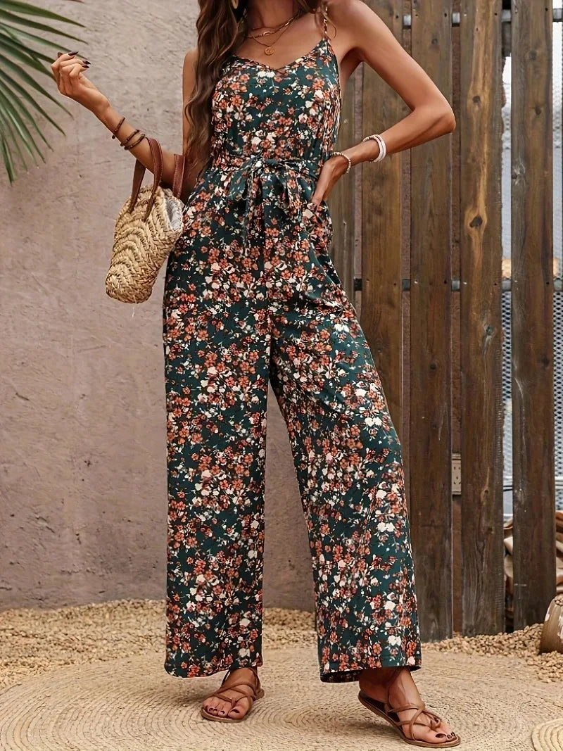 Jumpsuits for Women Summer Casual Printed Round Neck Suspender Jumpsuit