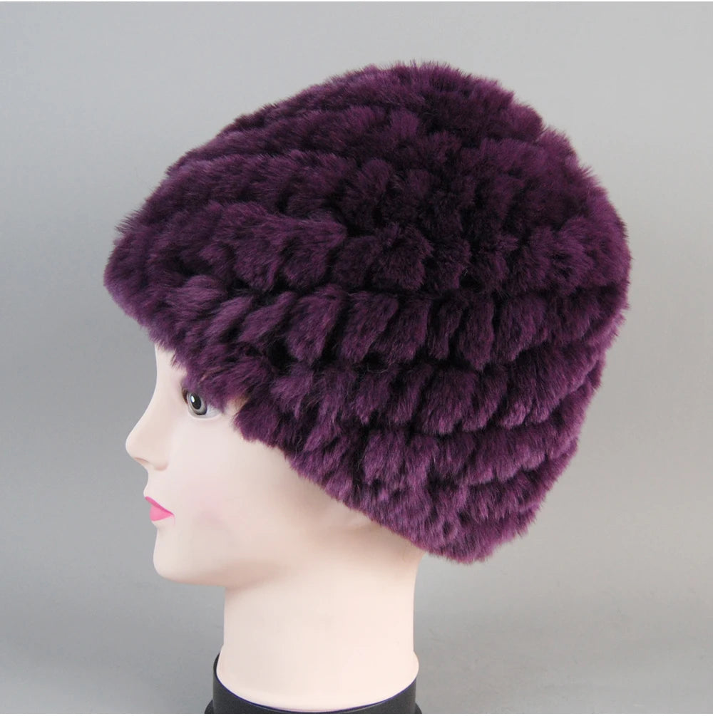 Real Rex Rabbit Winter Fur Hat For Women Russian Real Fur Knitted Cap