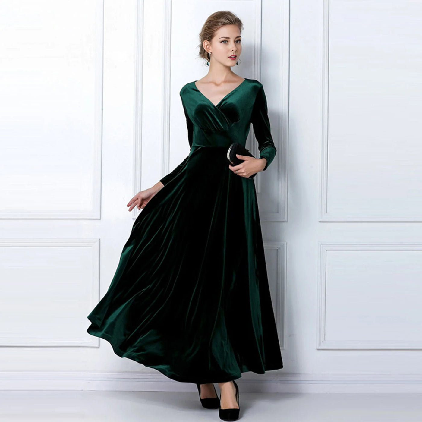 Long Sleeve V Neck Pleated Velvet Banquet Party Maxi Dress Party Wedding