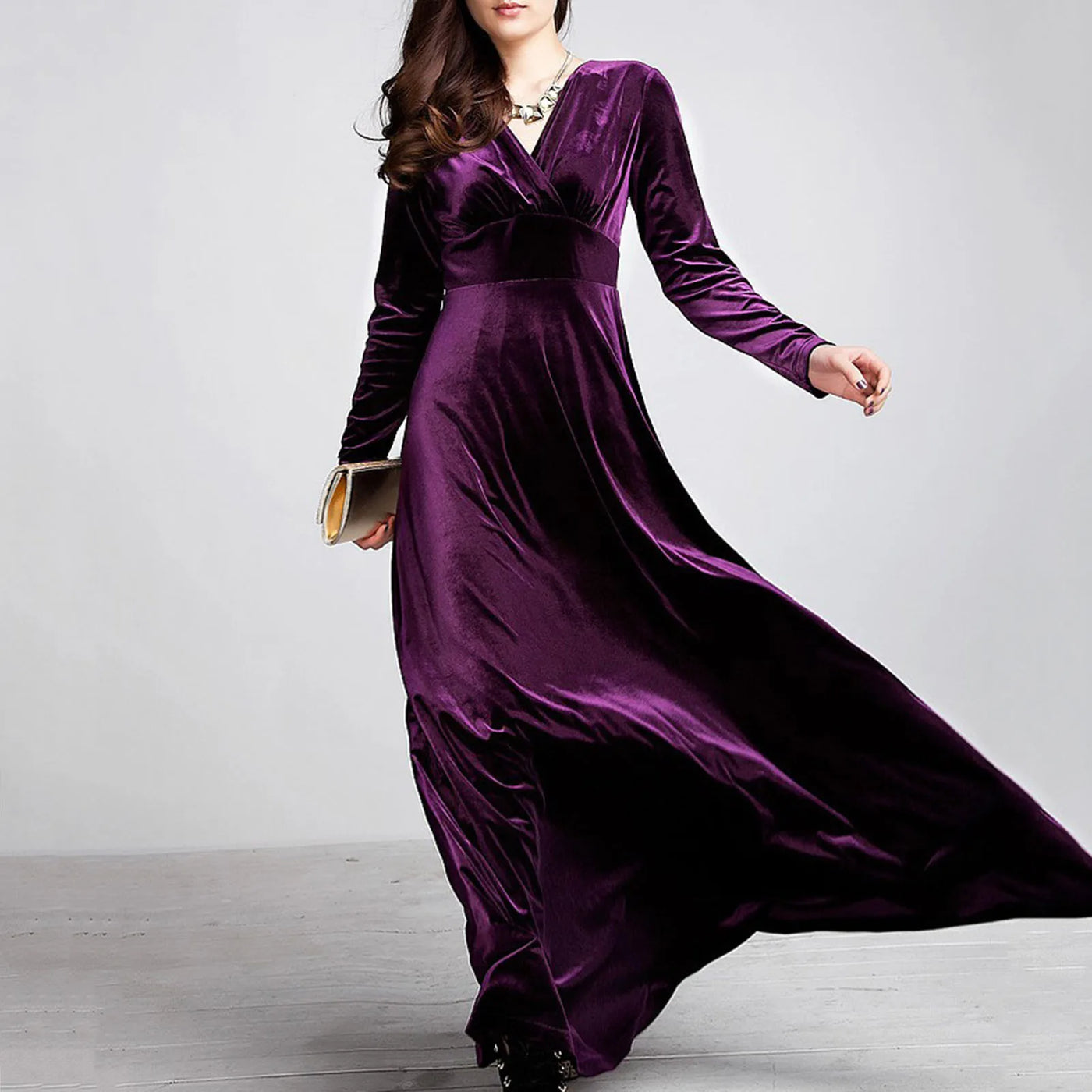 Long Sleeve V Neck Pleated Velvet Banquet Party Maxi Dress Party Wedding