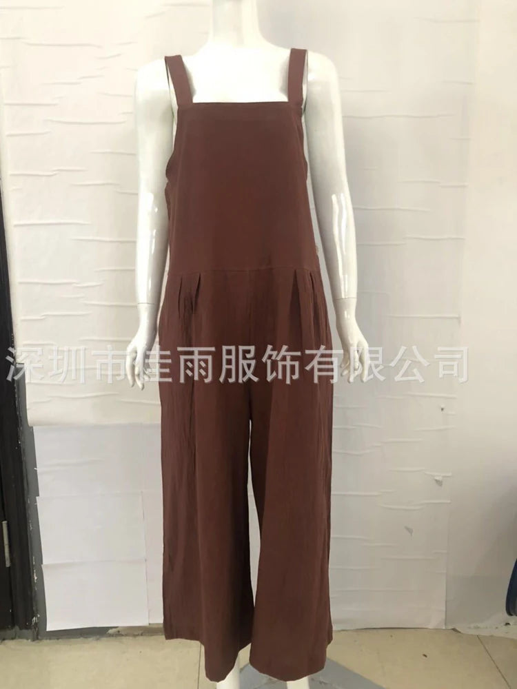 Women Cotton Linen Wide Leg Overalls Summer Fashion Off The Shoulder