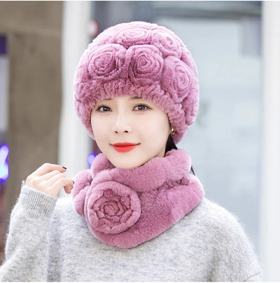 Winter Fur Hat Scarf Sets Natural Warm Real Rex Rabbit Fur
