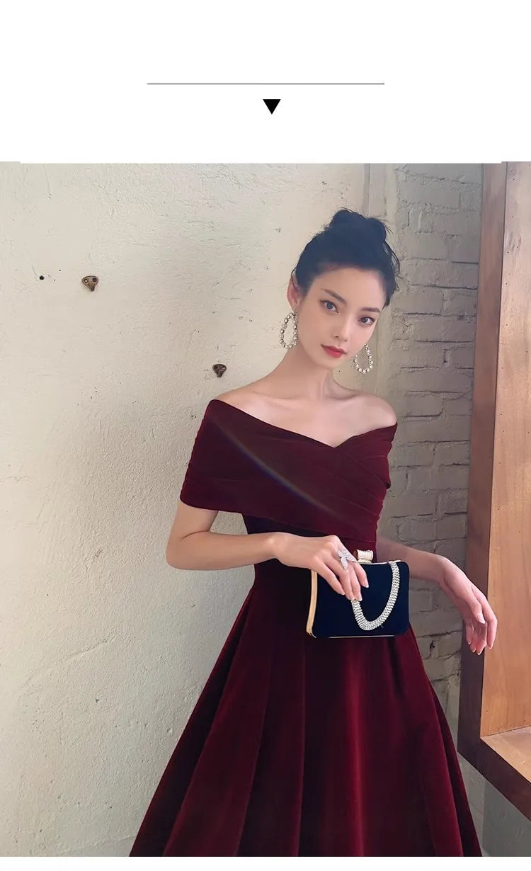 Chic Black Soft Velvet Evening Party Wedding Dresses for Women Off Shoulder Maxi Clothes