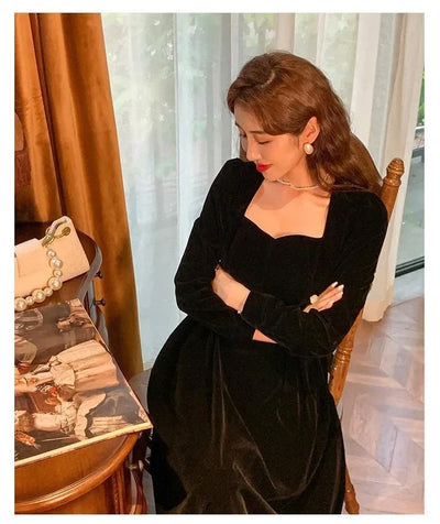 Gold Velvet Women's Dress Elegant Waist-Cinching Ladylike Style