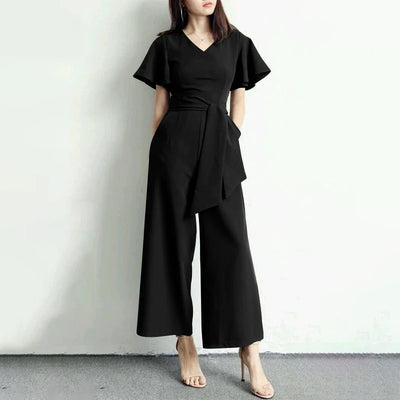 Wide Leg Jumpsuits Summer V Neck Short Sleeve Rompers Elegant