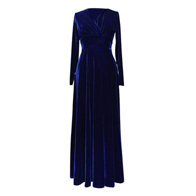 Long Sleeve V Neck Pleated Velvet Banquet Party Maxi Dress Party Wedding