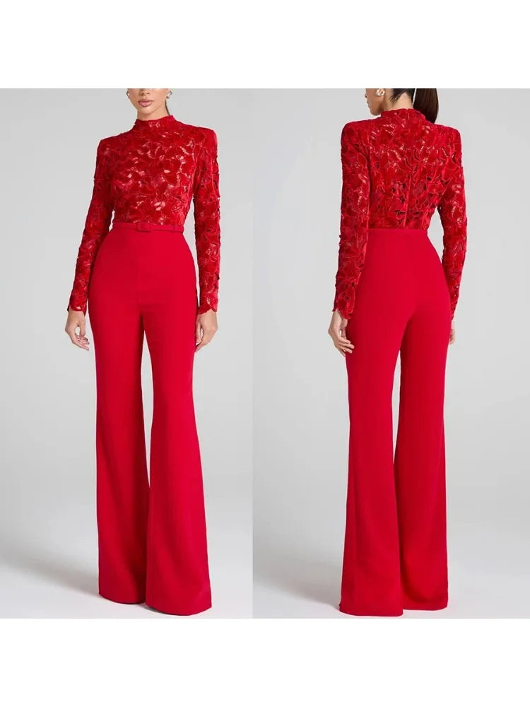 Long sleeved waistband jumpsuit flared pants| INS casual loose party jumpsuit