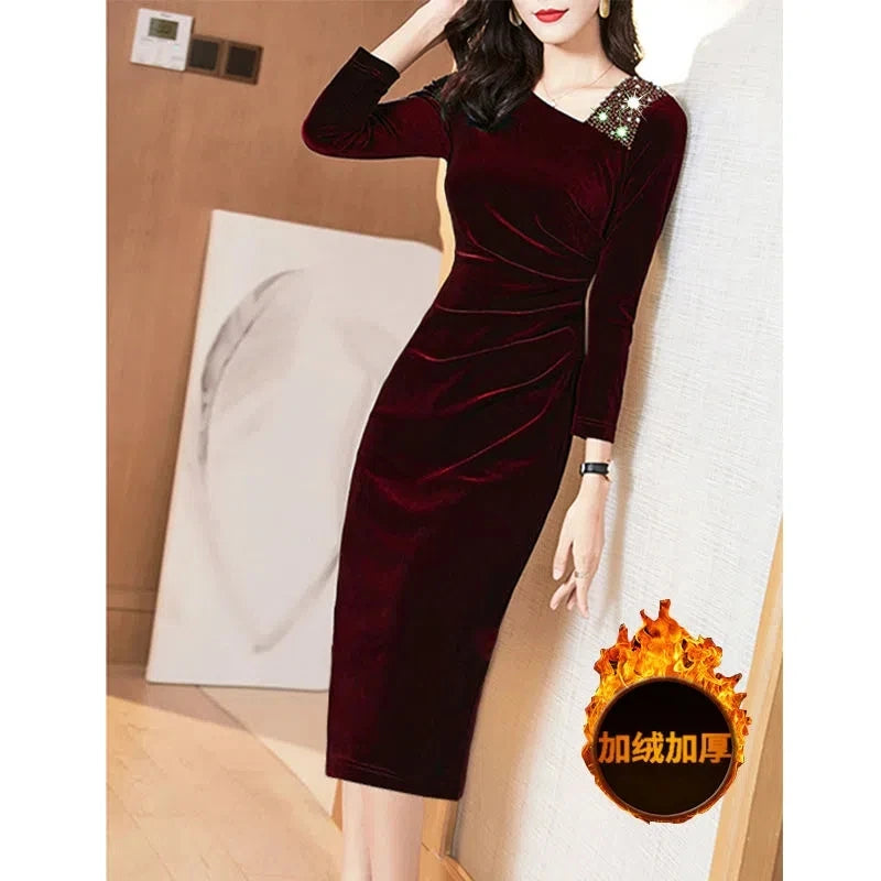 Golden Velvet Dress For Women  Long Sleeve Dress Velvet Thickened Hip