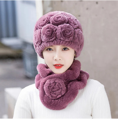 Winter Fur Hat Scarf Sets Natural Warm Real Rex Rabbit Fur
