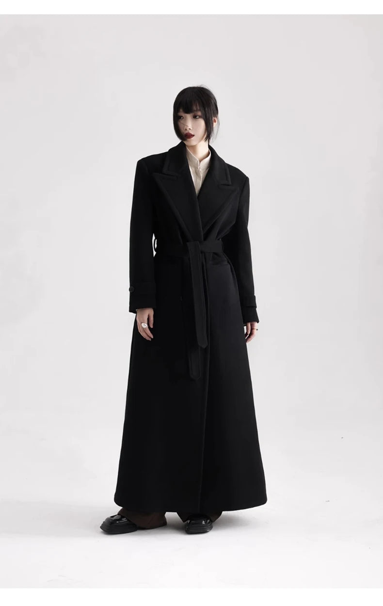 Winter Luxury Extra Long Black Warm Soft Wool & blends Coat for Women