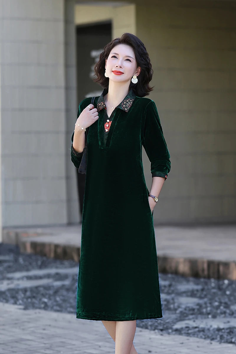 Velvet Midi Dress Women's Velvet Full Sleeve Knee-length Regular Shirt