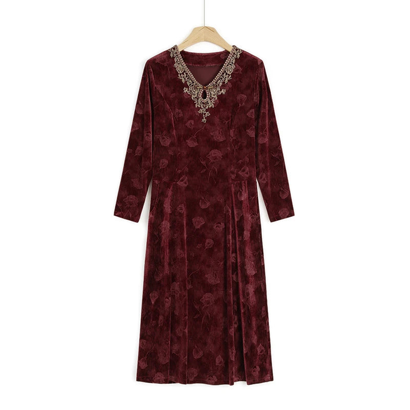 V-Neck Long Sleeve Velvet Dress Women's Meticulous Pocket Mid-Length Gown