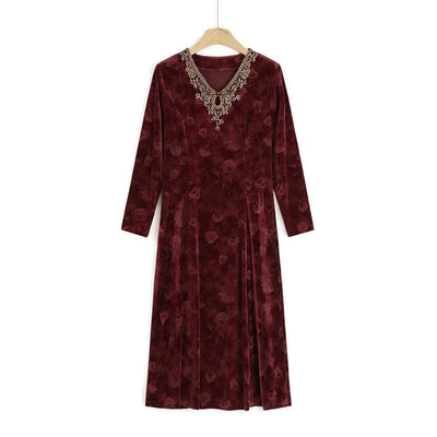 V-Neck Long Sleeve Velvet Dress Women's Meticulous Pocket Mid-Length Gown