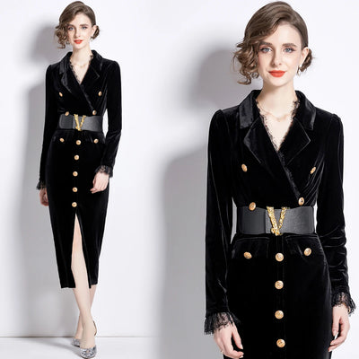 V-Neck Velvet Dress Women Long Sleeve Fashion Metre Buttons Split Sheath