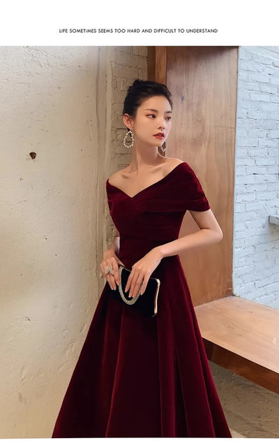 Chic Black Soft Velvet Evening Party Wedding Dresses for Women Off Shoulder Maxi Clothes
