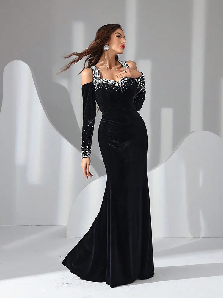 Elegant Velvet Dress With Bow Tie Backless Design 2024 New Luxury Diamond