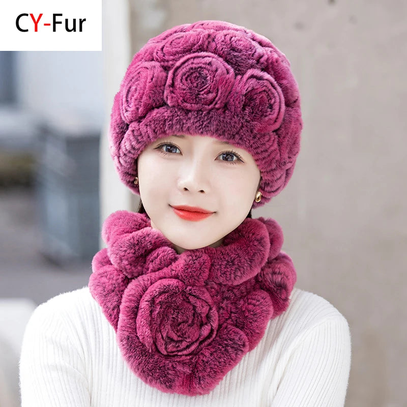 Winter Fur Hat Scarf Sets Natural Warm Real Rex Rabbit Fur