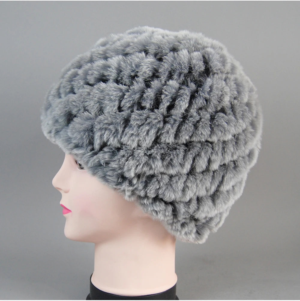 Real Rex Rabbit Winter Fur Hat For Women Russian Real Fur Knitted Cap