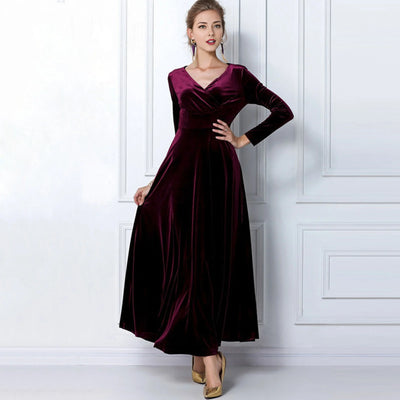 Long Sleeve V Neck Pleated Velvet Banquet Party Maxi Dress Party Wedding