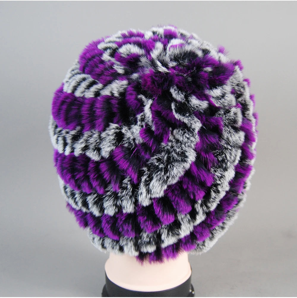 Real Rex Rabbit Winter Fur Hat For Women Russian Real Fur Knitted Cap