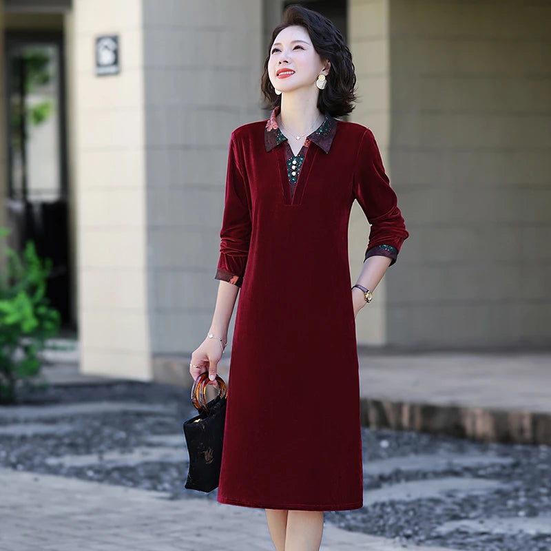 Velvet Midi Dress Women's Velvet Full Sleeve Knee-length Regular Shirt