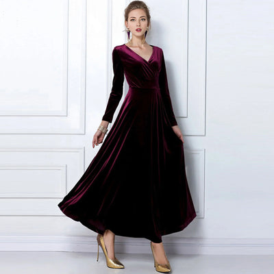 Long Sleeve V Neck Pleated Velvet Banquet Party Maxi Dress Party Wedding