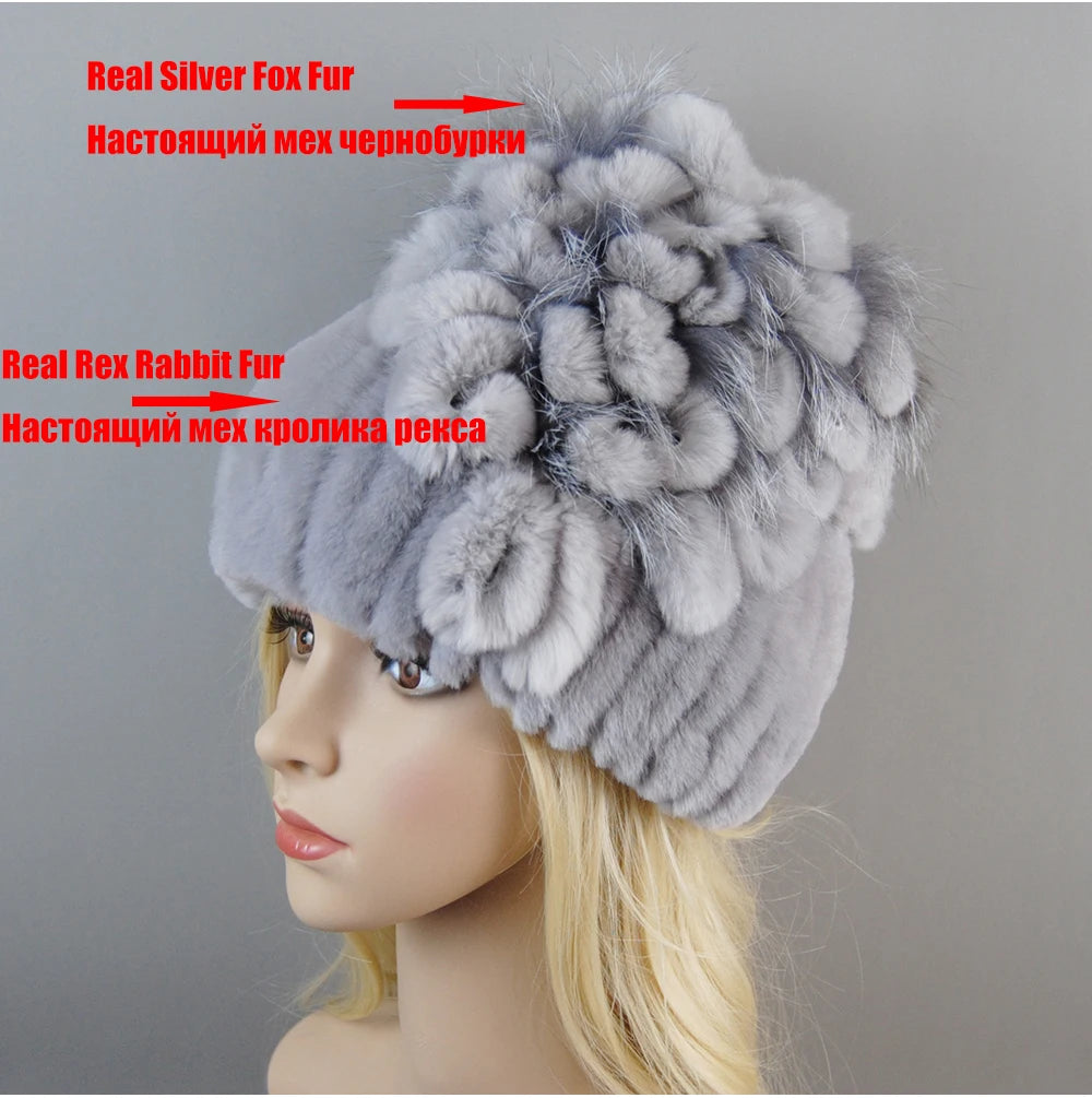 Luxury Women Fur Hat For Winter Handmade Natural Rex Rabbit Fox .
