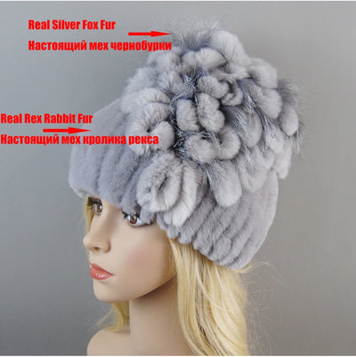 Luxury Women Fur Hat For Winter Handmade Natural Rex Rabbit Fox .